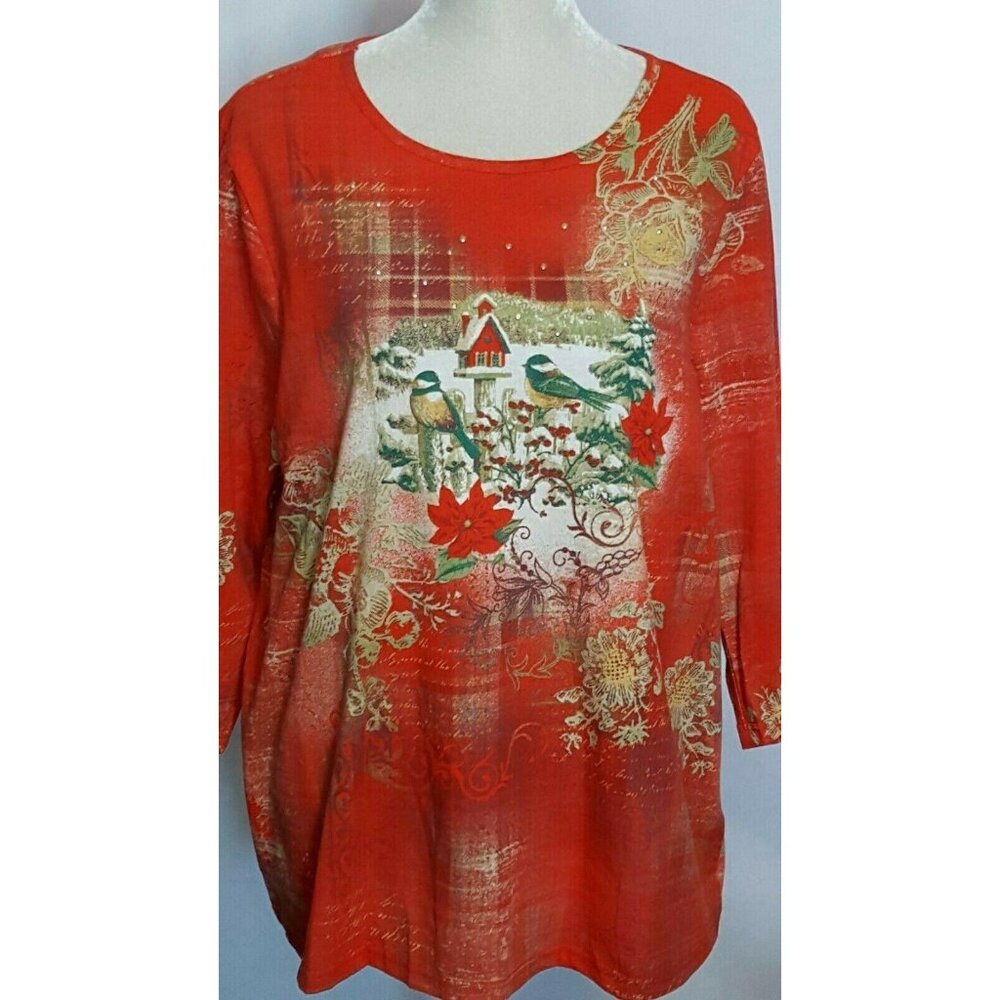 Womens T Shirt 1X Birds Birdhouse Embellished‎ i.b.diffusion 3/4 Sleeve Red